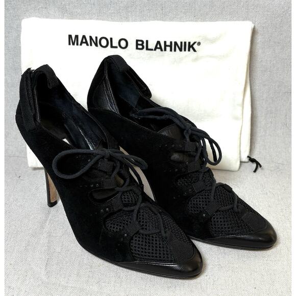 Manolo Blahnik Black Suede Lace Up Shoe Boot Heel sz US 6.5 Y2K W/ Dust Bag - Picture 1 of 6